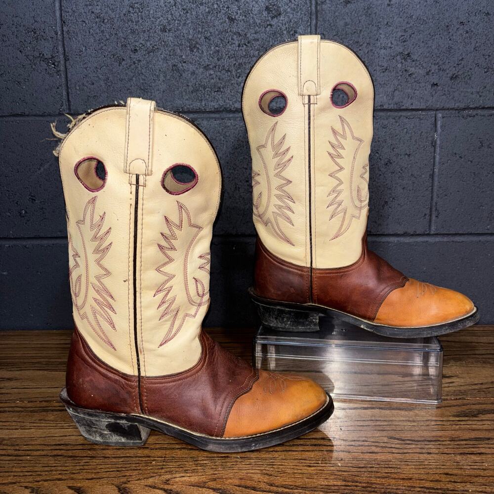 Men’s Western Cowboy Boots Size 9 EW Two-Tone Leather Tan Brown Pull On